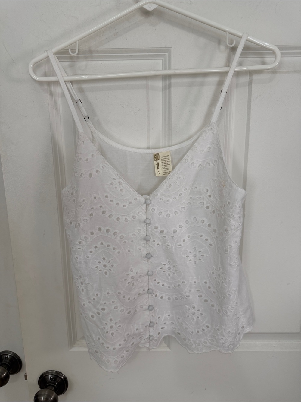 Japna White Eyelet Button-Front Cotton Tank Shirt size small adjustable straps